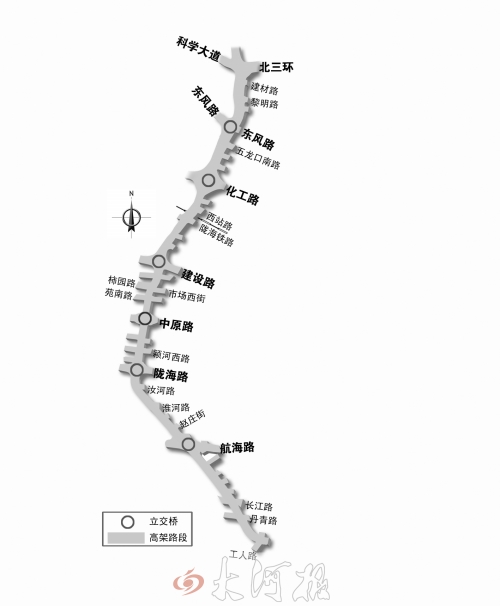 截至目前，僅剩西三環(huán)跨長江路、丹青路高架橋金水河處一座箱梁尚未澆筑。