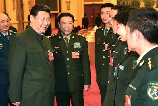 中共中央總書記、中共中央軍委主席習(xí)近平出席十二屆全國人大一次會議解放軍代表團(tuán)全體會議并發(fā)表重要講話。
