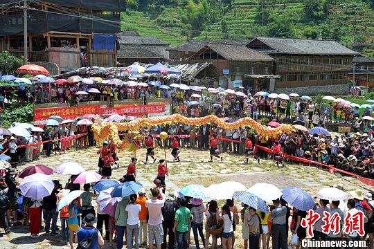 圖為當(dāng)?shù)丶t瑤民眾舞起長龍祈求風(fēng)調(diào)雨順。中新社發(fā) 韋吉陽 攝