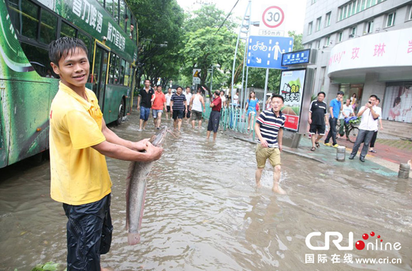 臺(tái)風(fēng)過(guò)后廈門城區(qū)積水 市民“渾水摸魚”收獲豐