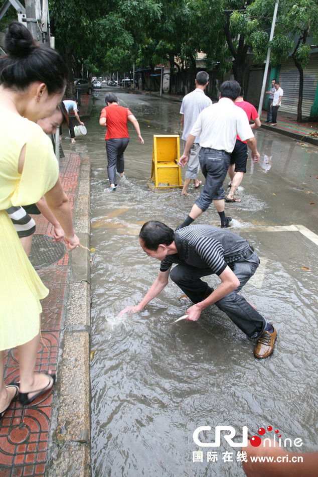臺(tái)風(fēng)過(guò)后廈門城區(qū)積水 市民“渾水摸魚”收獲豐