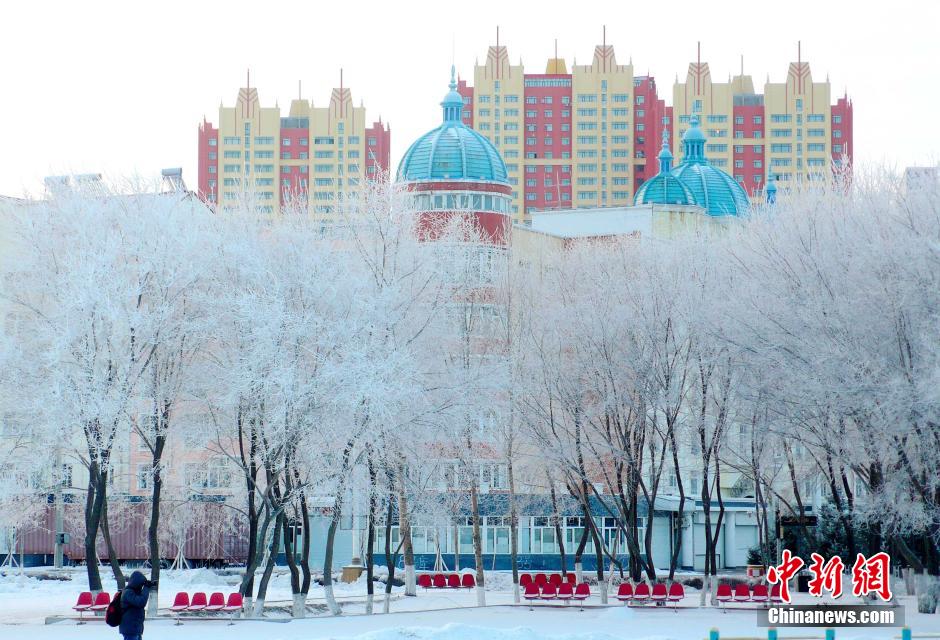 12月10日,受降溫天氣影響,黑河市黑龍江江畔出現(xiàn)綿延數(shù)公里的霧凇景觀。