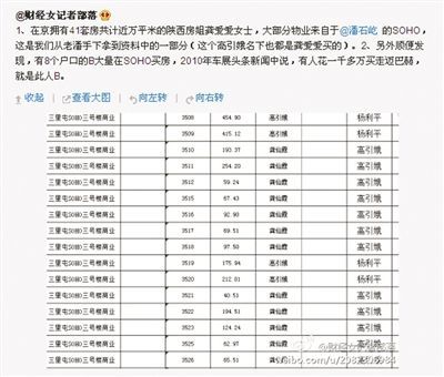 網(wǎng)友“財(cái)經(jīng)女記者部落”微博稱，“房姐”多處房產(chǎn)購(gòu)自潘石屹的SOHO中國(guó)。網(wǎng)絡(luò)截圖