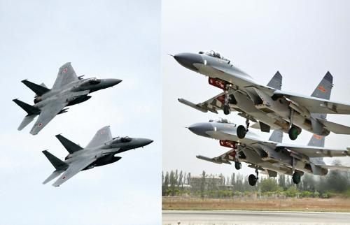 29日，中國空軍查證了進入東海防空識別區(qū)的美日軍機，左圖為進入防空識別區(qū)的日本F-15戰(zhàn)機(資料圖)，右圖為當(dāng)天起飛的中國殲-11飛機(資料圖)。