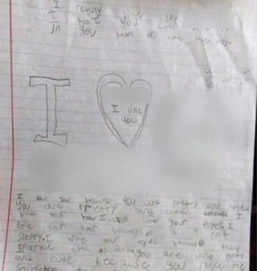 9歲男童給同伴女同學寫的情書。