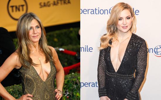 Jennifer Aniston & Kate Hudson出席重要場(chǎng)合也穿低胸裝。（圖片來源：臺(tái)灣東森新聞云）