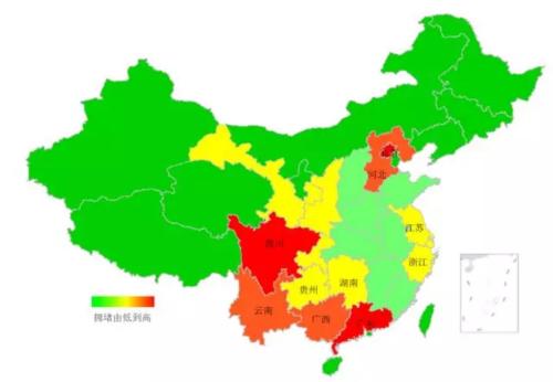 端午期間省域擁堵情況。來(lái)源：交通部聯(lián)合其他機(jī)構(gòu)發(fā)布的《2018年端午全國(guó)公路網(wǎng)出行預(yù)測(cè)報(bào)告》。