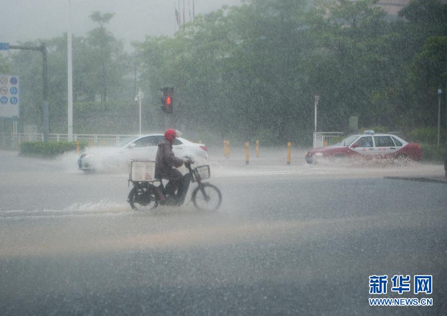 5月11日，車輛在深圳西麗留仙大道涉水前行。
