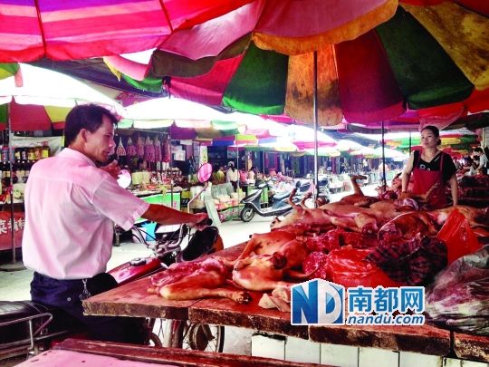  昨日，玉林垌口市場，一位市民在購買狗肉。