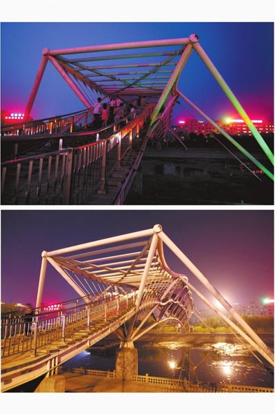 花園路西側(cè)東風(fēng)渠景觀橋，上圖攝于7月31日晚間，下圖攝于10月9日晚間。