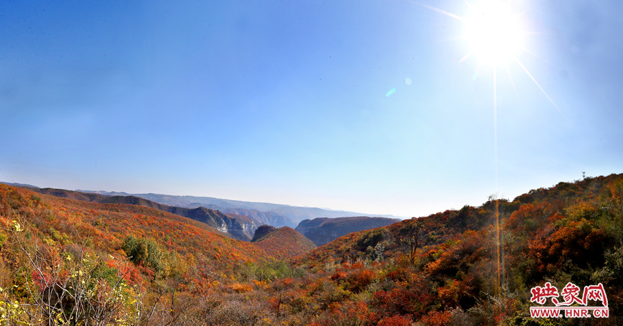 山頂遠(yuǎn)眺，紅葉已經(jīng)綻放出絢麗的色彩