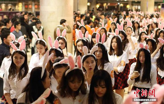 11月11日晚，一百位統(tǒng)一打扮的“兔女郎”現(xiàn)身南京新街口，逛街看電影玩快閃，走到哪里都被圍觀。