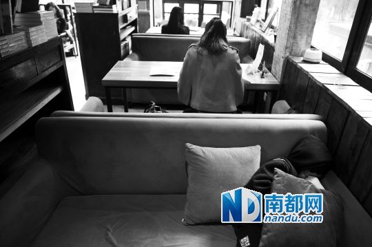 12月12日上午，不打烊書店里，12歲的楊東吃完午飯后抱著抱枕蜷在沙發(fā)里睡覺。